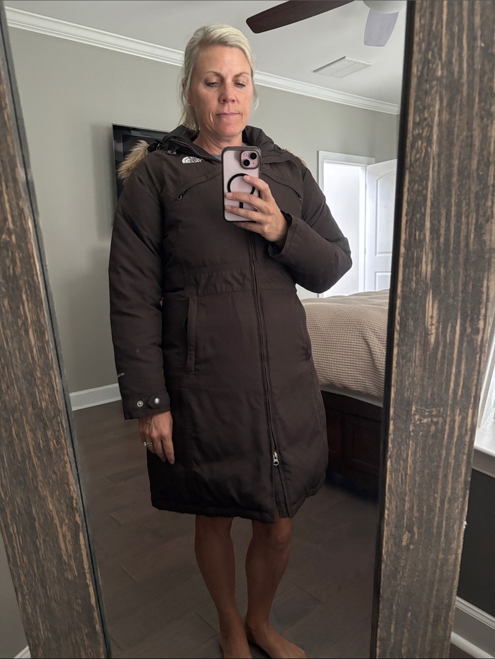 The North Face Women’s Dark Brown Puffer Parka with Faux Fur Trim Hood